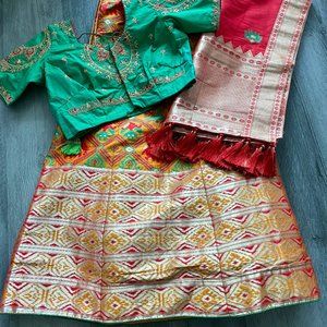 NEW Lehenga Choli - Silk Orange Red Green Gold M/L
